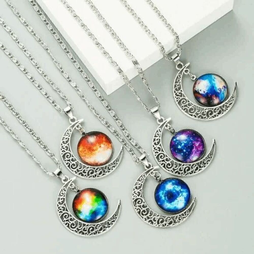Ladies Blue Crescent Moon Galaxy Necklace - Picture 3 of 3
